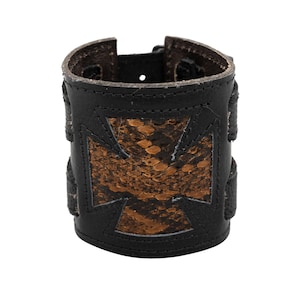 Croix de fer en cuir véritable et bracelet en peau de serpent de python antique attaché par une boucle, bracelet, protège-bras, GN, motard