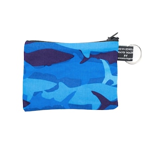 Killer Sharks in shades of blue ~ Handmade  Purse ~ 100% Cotton great for cash cards coins Ideal Gift ~ Hammerhead Great White