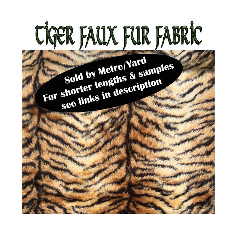 Ultra soft  and fluffy tiger faux fur fabric fabric sold by the metre or yard 150cm wide x 100cm or 91.5cm, it's also available to buy as half metre/yard or 10cm x 10cm sample.  Perfect for making cushions, scarves, apparel, fancy dress costumes etc.