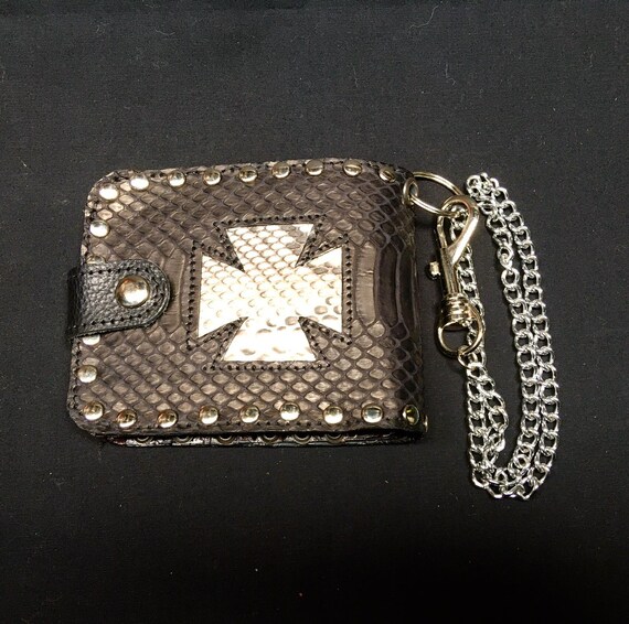 Genuine Real Leather Python and Sea Snake Skin Iron Cross Bi-fold