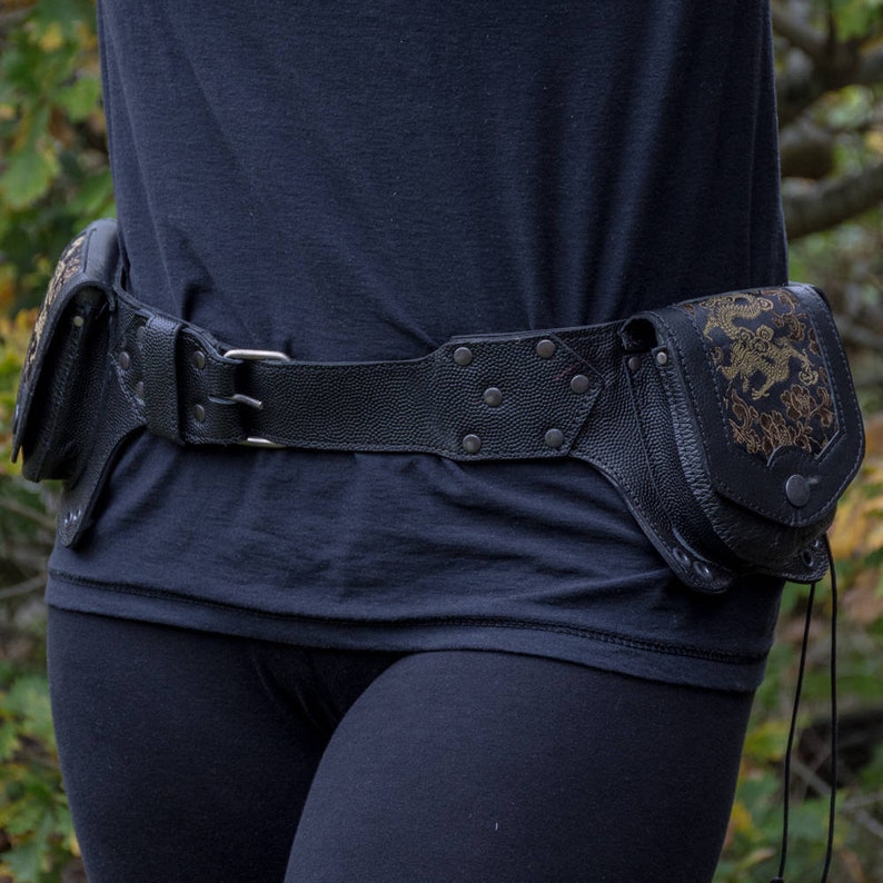 handmade leather,hip belt,pocket belt,festival clothing,steampunk,larp, Gift for him, Gift for her Utility Pouch Belt Dragon Satin Brocade