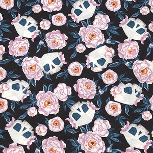 1/2 Metre Awesome Skull Floral Design by Dear Stella, Toil & Trouble Range 100% cotton perfect for making face masks and apparel Hallloween