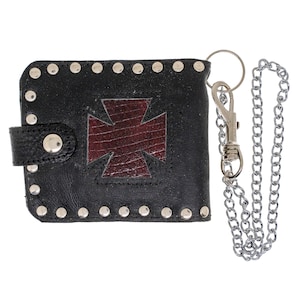 Cartera plegable de cuero auténtico con cruz de hierro de cuero con tarjeteros y llavero para cinturón hecho a mano en Devon, Reino Unido