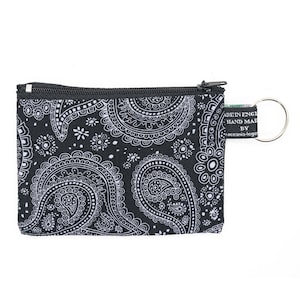 Bolso hecho a mano con estampado de cachemira en negro y gris, 100 % algodón, ideal para guardar dinero, tarjetas, monedas, regalo ideal