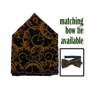 May include: Black pocket square with a gold clock pattern. Matching bow tie available.