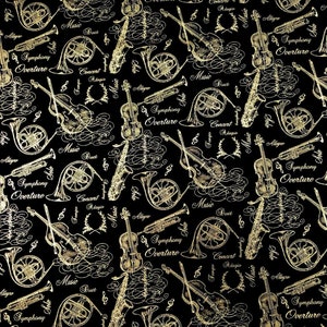 May include: A black background with a gold musical pattern featuring a repeating design of a violin, a french horn, a saxophone, and musical notes. The text "Symphony Overture" is repeated throughout the pattern.