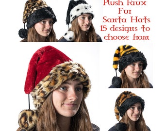 Xmas Santa Hat handmade from gorgeous plush Faux Fur fabric, Cruella Dalmatian, Leopard, Tiger, Cow, Elf  a festive winter must have!