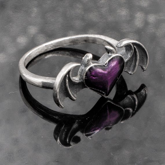 Devil Horned Heart Ring 925 Sterling Silver Ring & Purple Enamel
