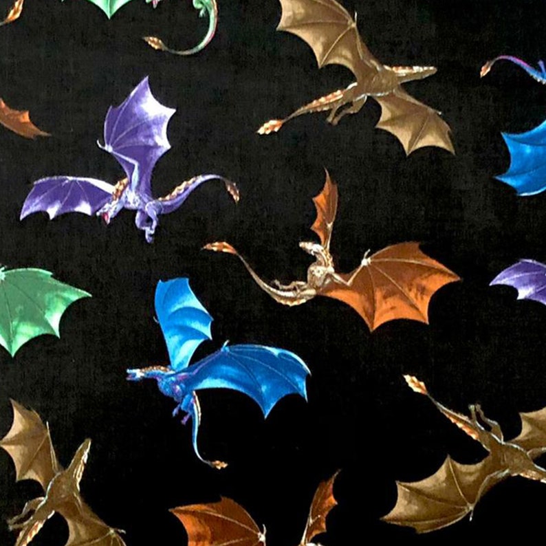 Flying Dragons in colour in our fabric made by Timeless Treasures 100% Cotton perfect for making clothing, costumes and accessories image 2