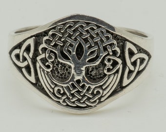 Tree of Life Ring .925 sterling silver with a Celtic Trinity Knot etched on the sides, Pagan, Biker, Gothic, Viking, Symbolism Sizes - M-Z+5