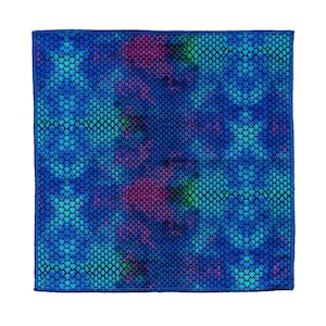 May include: A blue square fabric with a snakeskin pattern. The pattern is a repeating scale design with shades of blue, green, and purple.