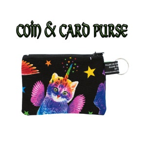 Rainbow Unicorn Cat with Pegasus Wings ~ Handmade  Purse ~ 100% Cotton great for cash cards coins Ideal Gift Fun bright design