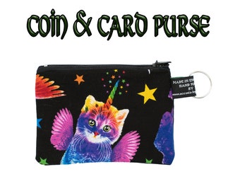 Regenbogen-Einhorn-Katze mit Pegasusflügeln ~ Handgefertigte Geldbörse ~ 100 % Baumwolle, ideal für Bargeld, Karten und Münzen, perfektes Geschenk, fröhliches, farbenfrohes Design