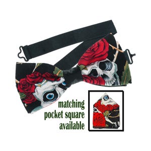 Skull + Red Rose Bow Tie & Pocket Square perfect accessory for Weddings, Graduation, Prom or Christmas/New year Parties. Great gift idea