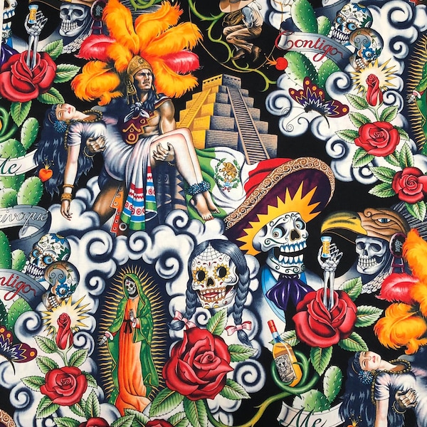 Great Mexican Day of the Dead Mayan Pyramid Designer bandana headband chemowear Alexander Cotton perfect for masks