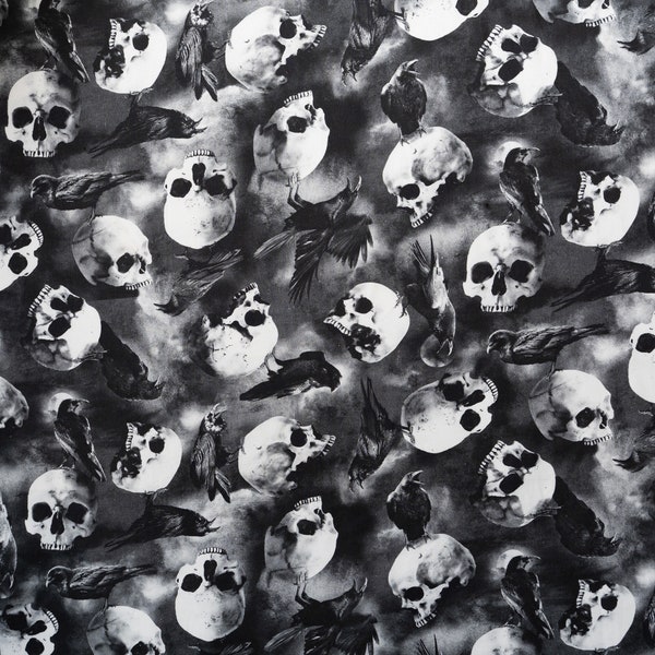 Gothic Raven on Skulls Designer Fabric 100% Cotton by Timeless Treasures material perfect for halloween projects