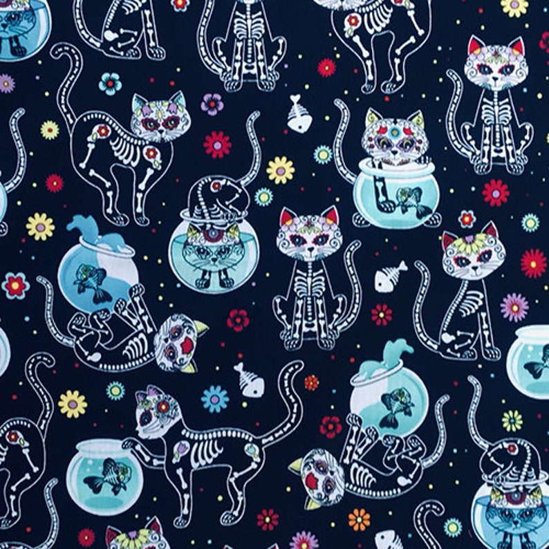 Day of the dead skeleton cat & fish bowl designer Cushion Cover Fits an 18 x 18 Cushion, scatter cushion for home decor 100% cotton image 2