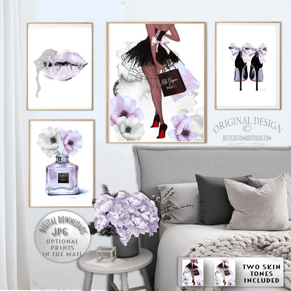 Fashion Art Set Fashion Wall Art Lavender Silver Fashion Print Fashion Illustration African American Gray Purple Perfume Dripping Lips Lilac