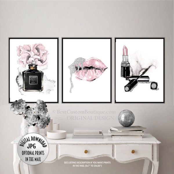 Blush Silver Black Fashion Glamour Bedroom Wall Art Set of 3 Beauty Makeup Perfume Lipstick Dripping Lips Print Set Designer Decor Diva Den
