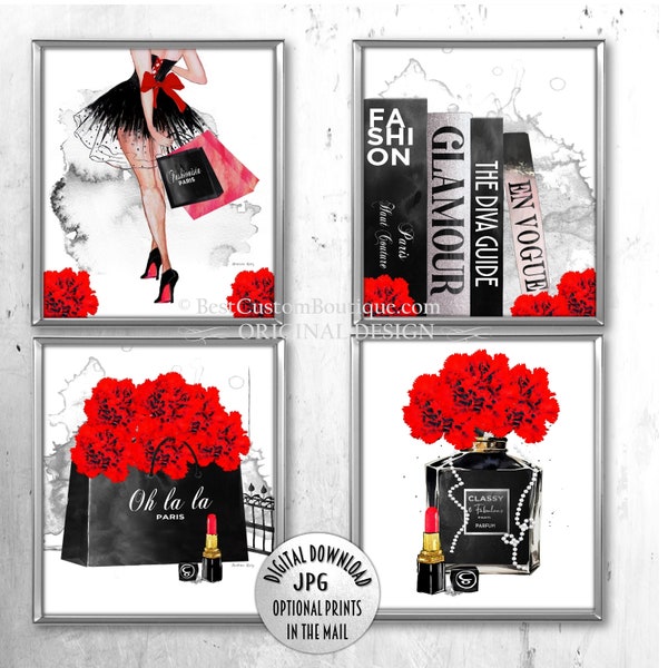 Fashion Wall Art Red Black Makeup Flower Perfume Print Set Designer Fashion Book Stack Little Black Dress College Dorm Teenage Girl Room Art