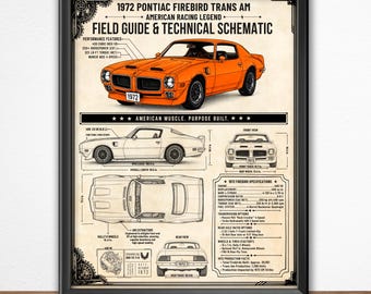 1972 Firebird Technical Specs Poster — Vintage Automotive Schematic Wall Art