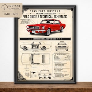 May include: A framed print featuring a red 1965 Ford Mustang. The print includes technical schematics, specifications, and a field guide. The print is labeled "American Racing Legend" and is available in 8x10 and 11x14 inch sizes.