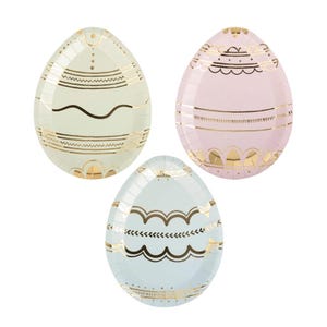 May include: Three pastel-coloured paper plates shaped like Easter eggs with gold foil designs. The plates are light blue, light green, and light pink.