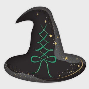 May include: A black witch hat with a curved brim and pointed tip. The hat features a green criss-cross design and bow, with gold stars and sparkles. A festive accessory for Halloween or costume parties.