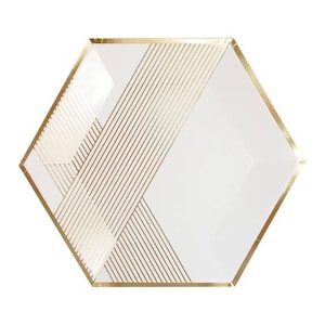 May include: White paper party plates with a gold geometric pattern. The plates are hexagonal in shape.