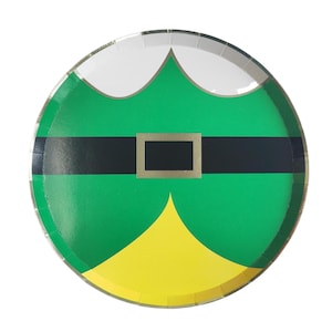 May include: Green and yellow paper plate with a design of an elf's outfit. The elf is wearing a green suit with a black belt and a gold buckle.