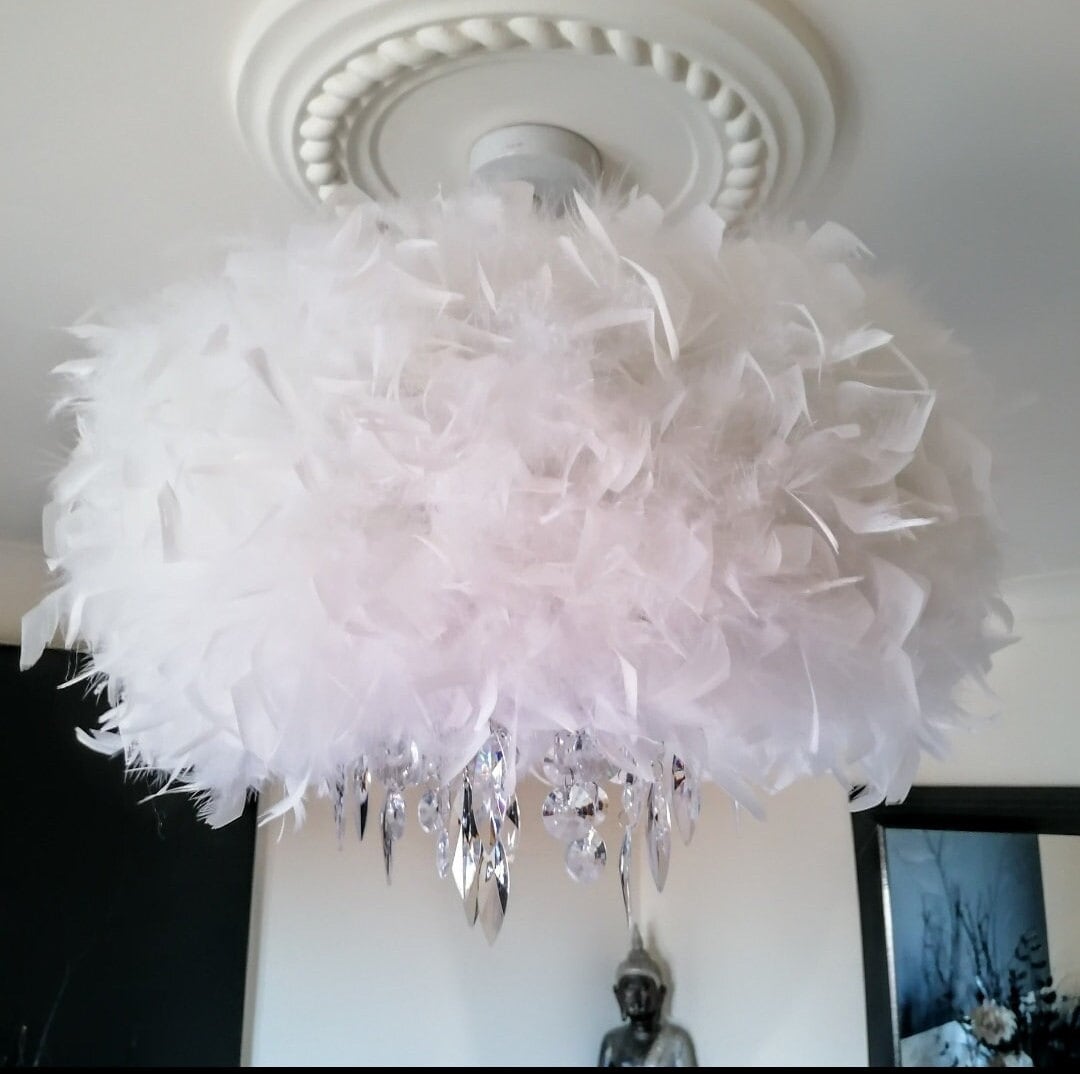 Large White Feather Ceiling Shade Chandelier Style Distressed