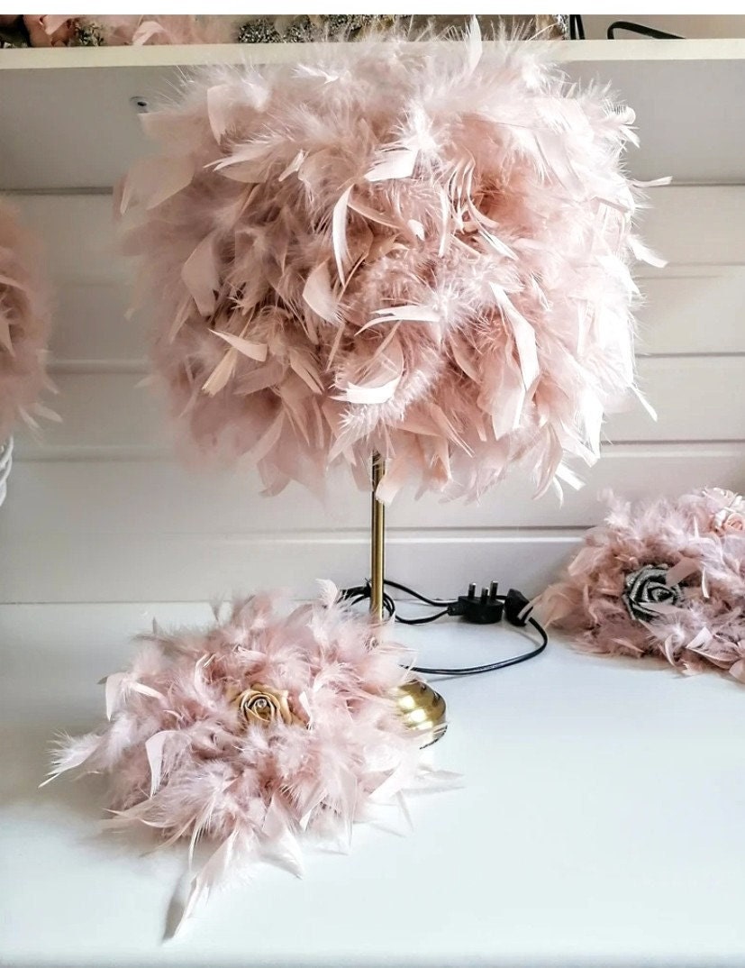Blush Pink Feather Table Lamp Brushed Gold Base Rose Feather