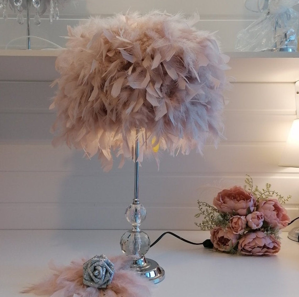 Luxury blush pink feather crystal lamp & feather accessory Etsy