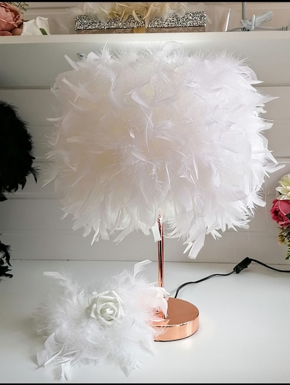 White Feather Table Lamp Rose Gold copper Base Rose Feather