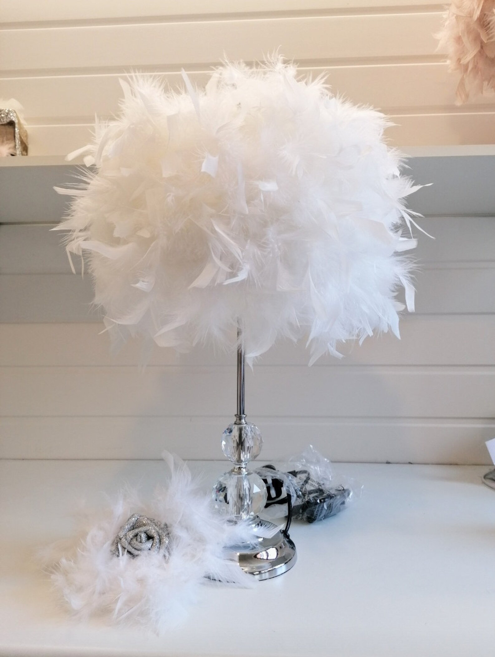 2 Luxury white feather lampshades crystal table lamps Etsy