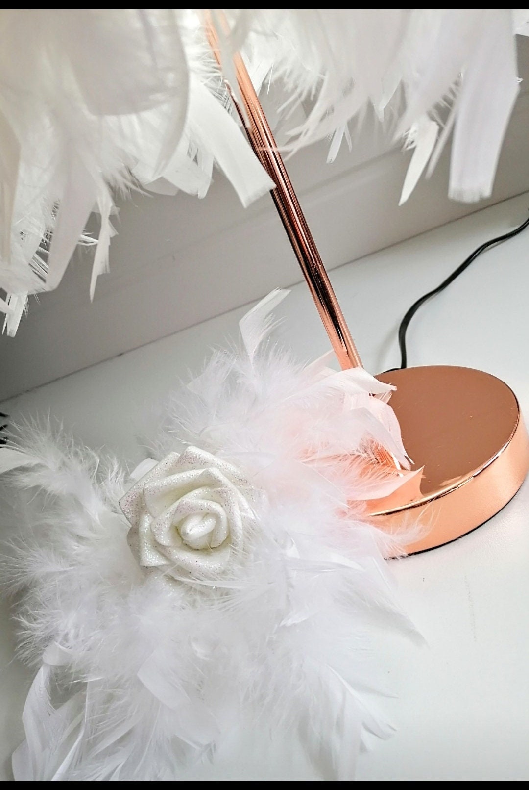 White Feather Table Lamp Rose Gold copper Base Rose Feather