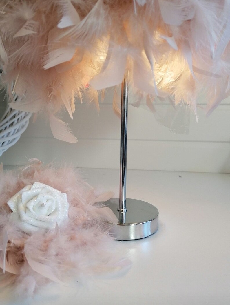 Blush pink feather table lamp silver chrome base & rose Etsy
