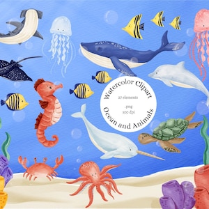 Watercolor Ocean Animals Clipart, Sea Creatures Clipart, Whale, Shark, Jellyfish, Tropical Coral Reef, PNG, Underwater Life, Summer, Clipart