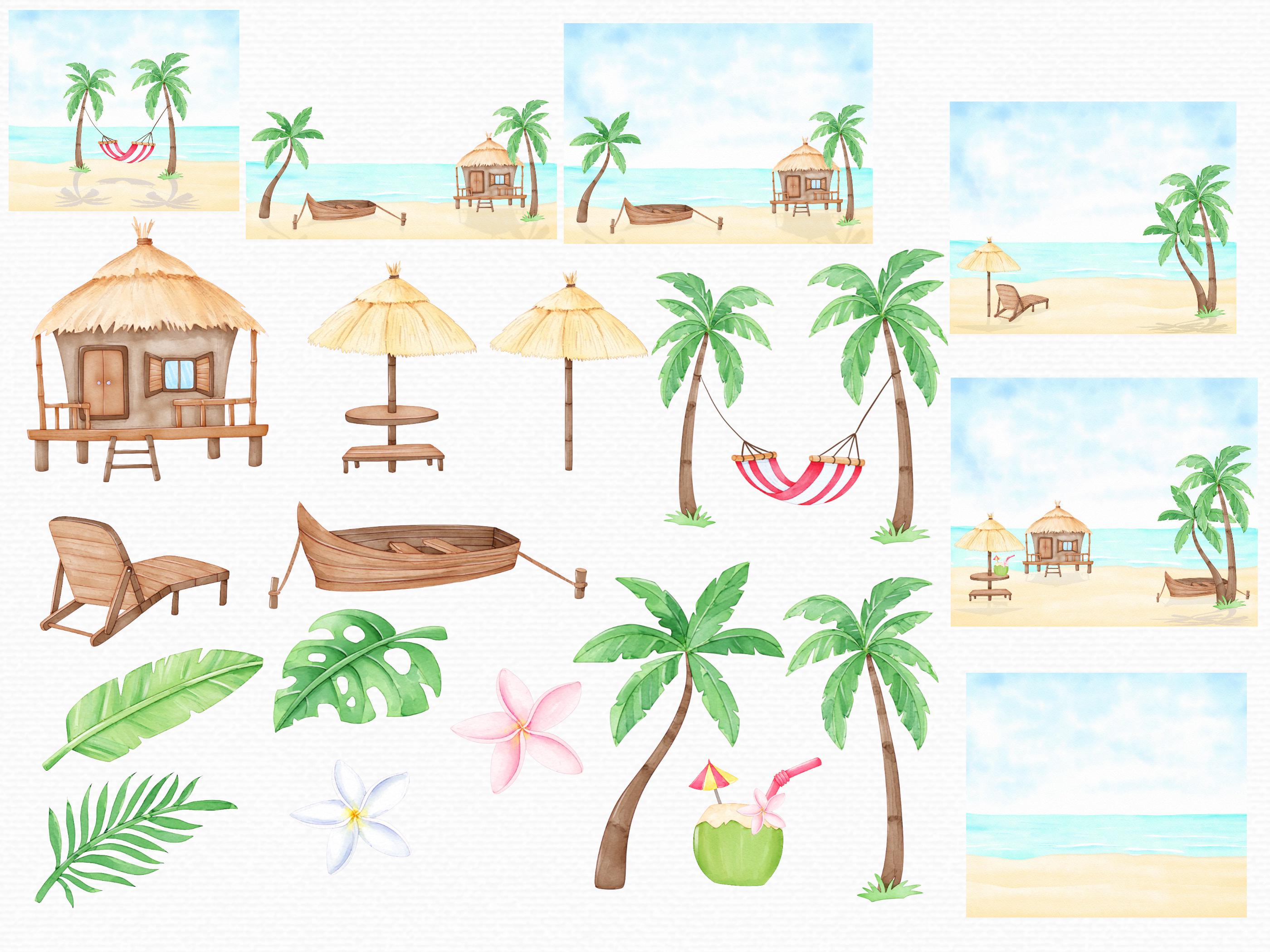 Watercolor Tropical Beach Clipart Bundle: Summer Vacation PNG (digital ...