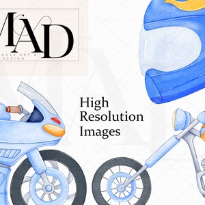 May include: Two blue watercolor illustrations of motorcycles. One is a blue and yellow chopper motorcycle with a chrome engine. The other is a blue sport bike with a red tail light. The text "High Resolution Images" is in the center of the image.