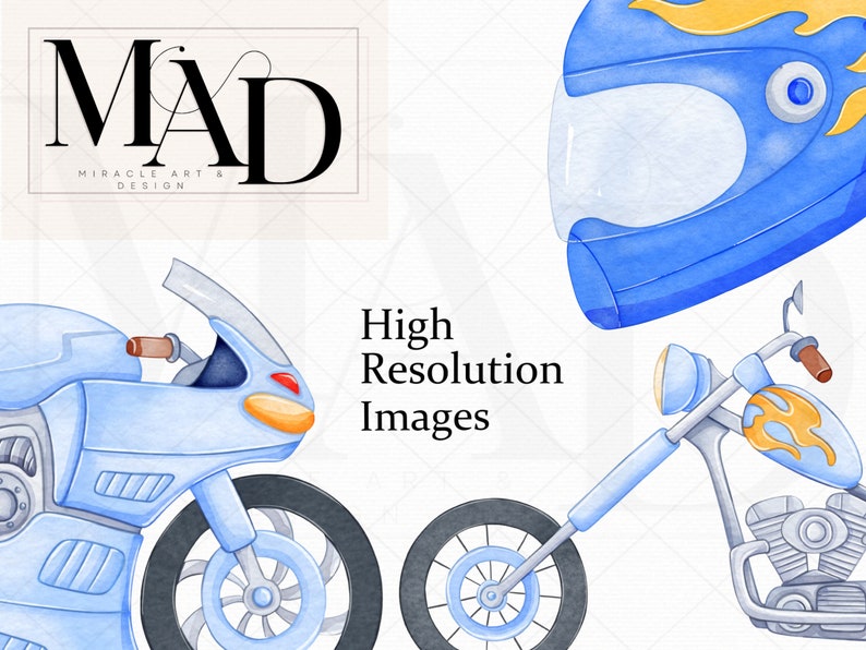 May include: Two blue watercolor illustrations of motorcycles. One is a blue and yellow chopper motorcycle with a chrome engine. The other is a blue sport bike with a red tail light. The text "High Resolution Images" is in the center of the image.