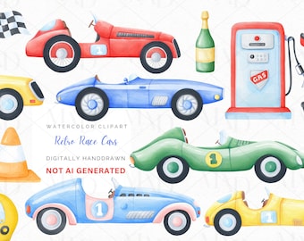 Retro Rennauto Clipart, Vintage Rennautos Aquarell Clipart PNG Bundle, süße Rennfahrer Grafiken (digitaler Download)
