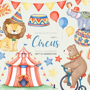 Imágenes prediseñadas de circo en acuarela, lindos animales de circo, león de circo, oso, elefante, carnaval retro, bebé, niña, sublimación png
