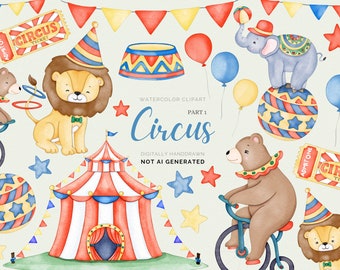 Watercolor Circus Clipart, Cute Circus Animals Clip art, Circus Lion, Bear, Elephant, retro carnival, baby boy, girl, sublimation png