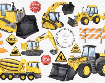Watercolor Construction Clipart, Construction Vehicles Clip art, Excavator, Cement Truck, Digger, Crane, Bulldozer, PNG, commercial use