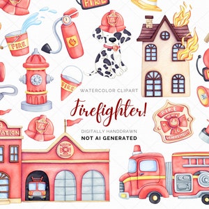 Aquarell Feuerwehrauto Clipart, Feuerwehrmann Clipart, Feuerwehrmann Clipart, Feuerwache, Feuerhund, LKW, Geburtstagsparty, Kinderzimmer Dekor, PNG