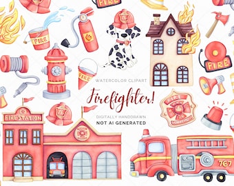 May include: Watercolour clipart set featuring a firefighter theme. Includes a fire engine, fire station, fire hydrant, fireman's helmet, fire extinguisher, fire hose, fire alarm, and a dalmatian dog.
