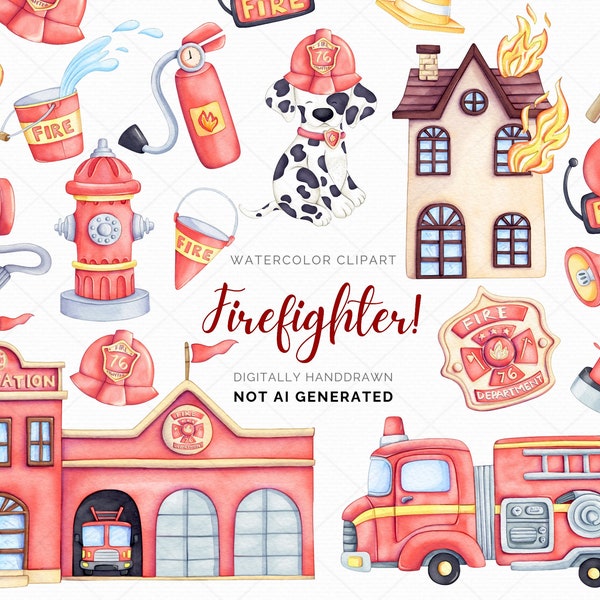 Watercolor Fire Truck Clipart, Fire Fighter Clipart, Fireman clipart, Fire Station, Fire Dog, Truck, Birthday Party, Nursery Decor, PNG