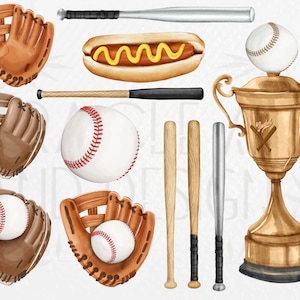 May include: A set of watercolour illustrations of baseball equipment, including a trophy, bats, gloves, baseballs, and a hot dog. The trophy is gold with a baseball and crossed bats design. The bats are wooden and metal. The gloves are brown leather. The baseballs are white with red stitching. The hot dog is yellow with mustard.