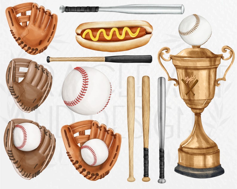 May include: A set of watercolour illustrations of baseball equipment, including a trophy, bats, gloves, baseballs, and a hot dog. The trophy is gold with a baseball and crossed bats design. The bats are wooden and metal. The gloves are brown leather. The baseballs are white with red stitching. The hot dog is yellow with mustard.